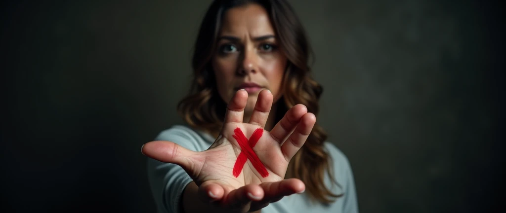 A photorealistic, dramatic photo of a woman holding her open hand towards the camera, with a red "X" painted on her palm. The image is set against a dark background, with soft, focused lighting highlighting the emotional intensity and the message of protest against violence.
