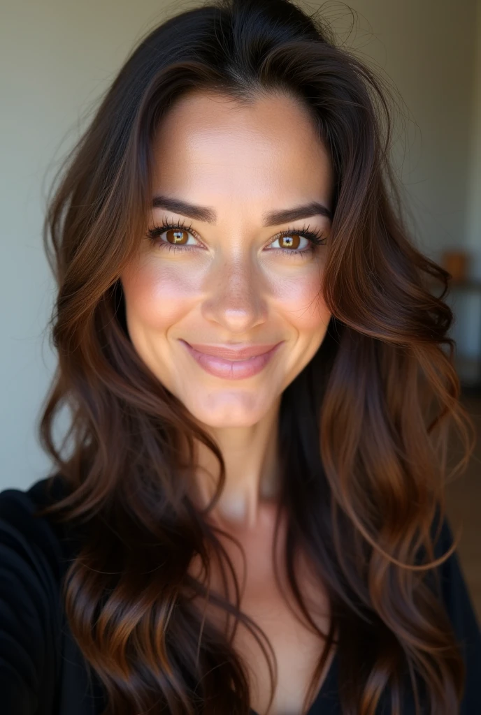 Beautiful brunette, long wavy hair with some highlights, woman 40 years old with natural makeup selfie natural in black binii