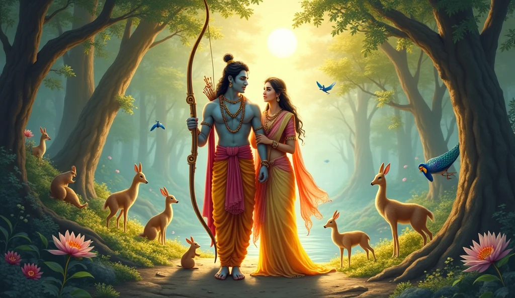Create an image for phone wallpaper of smiling lord rama no beard with a bow in his hand and a pack of arrows is hanged on his back and smiling Sita who is standing middle of them and some animals like rabbits and squirrels and deers and some birds like peacocks and swans and parrots are moving around them