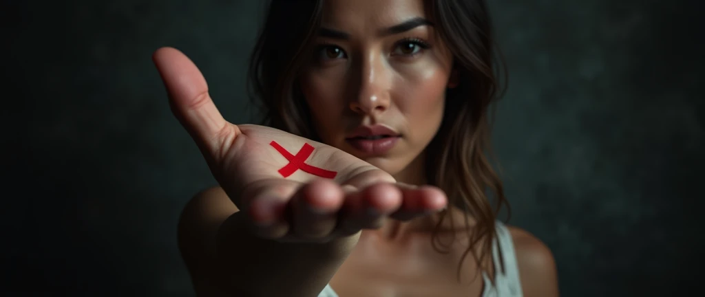 A powerful, photorealistic image of a woman extending her hand towards the viewer, revealing a red "X" on her palm. The dark background and dramatic lighting emphasize the seriousness of the message, creating a strong visual impact.