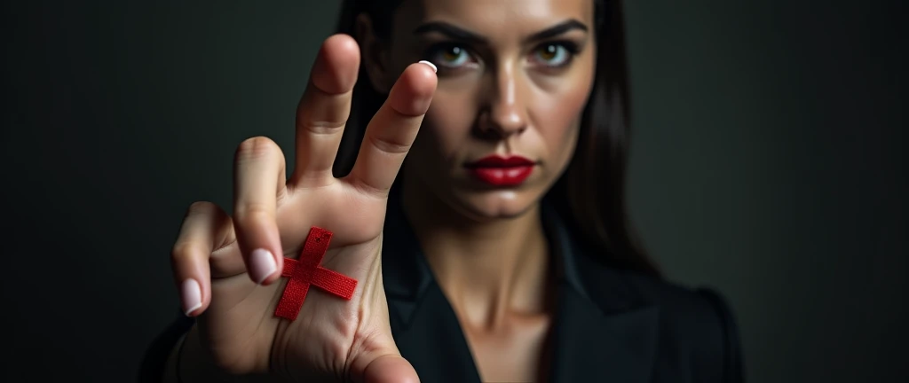 A powerful, photorealistic image of a woman extending her hand towards the viewer, revealing a red "X" on her palm. The dark background and dramatic lighting emphasize the seriousness of the message, creating a strong visual impact.