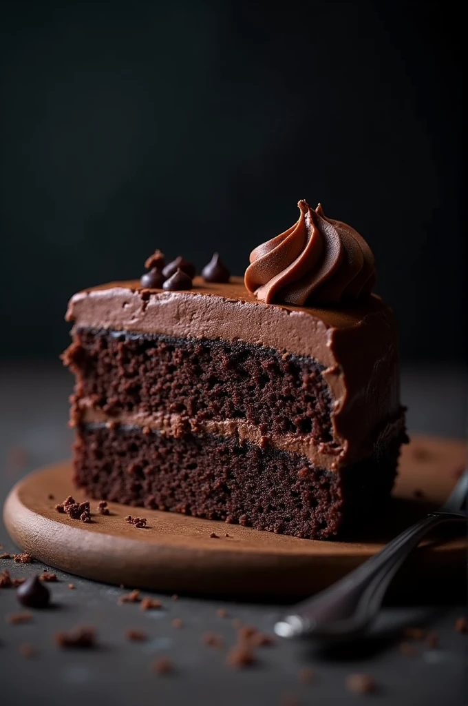 cinematic film still chocolate, chocolate cake, dark background, quality photo, moist texture, frosting, studio photo, slice . shallow depth of field, vignette, highly detailed, high budget, bokeh, cinemascope, moody, epic, gorgeous, film grain, grainy