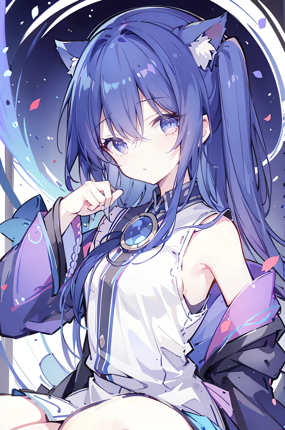 (Upper body close-up),Ultra-detailed,lifelike,The eyes are expressive,Fair skin,Perfect face shape,1 girl,Japanese Manga,Gorgeous blue hair,Flowing blue hair,Flowing clothes,Cat ears,Petals falling,Shy face,sitting on window,Place your hand on your lips,masterpiece, absurdres, novel cover, cover illustration, 1girl, solo, dark blue-haired ponytail, mage robes, flower background, clock background, monochrome, line drawing