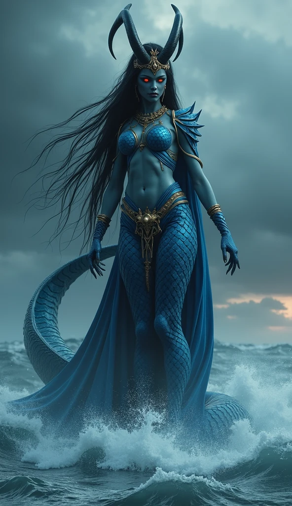 Half human, half demon, upper body female, lower body snake, dark blue skin, huge tail with snake scales, long, black hair, red eyes, glowing eyes, fangs from mouth. Ancient golden jeweled bracelets, horns, dark sky and raging chaotic sea in the background.