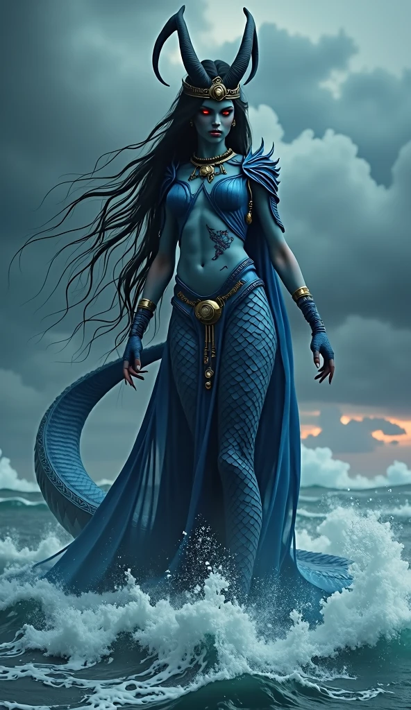 A majestic and terrifying goddess with the upper body of a beautiful woman and the lower body of a colossal serpent. Her skin is a deep, iridescent blue, with intricate scales running from her waist down to her enormous tail. Her long, flowing black hair cascades over her shoulders, with serpentine features subtly merging into her face—sharp, glowing red eyes and slightly elongated fangs. Her arms are adorned with ancient, golden jewelry, and she wears a crown of dark, twisted horns. The background depicts a stormy, chaotic sea under a darkened sky, with waves crashing against her towering form. Unreal engine render, 8k resolution. Photography. high resolution.