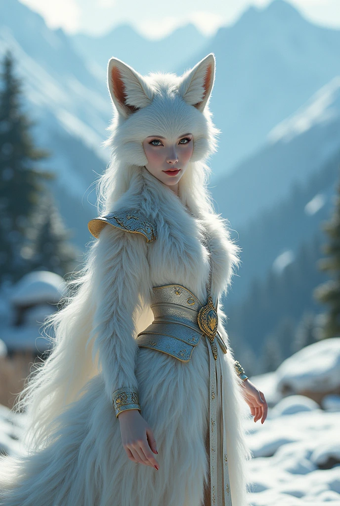 (((solo exhibition)), white fox clothes, lots of decorated costumes, (full body) Take photos of the most beautiful artwork detailed, Intricate details, High detail, Ultra realistic, Hidden armor,  proportions, Realistic art,!!!, (((Female Arctic Fox 9 Tails)), Snow covered mountains and forests background, very, very beautiful human art, realistic, 8k, no human hair, no repetition, no repeating tail, no clones, no big heads, ((stuning beautiful idol face)) (highest image quality), (masterpiece), (vibrant, photography realistic, Realistic, Dramatic, Dark, Sharp focus, 8K), (detailed face, lip, nose, rouge, eyeshadow, lipstick, gorgeous face), ((nsfw)) , sexy face beautiful girl, Hour-glass figure body ((full body:1.3)), looking at viewer, blur, blurred background, blurred foreground (bokeh, lens flare, anamorphic lens flare, depth of field), big boobs, long legs, (( 9 Tails:1.2))