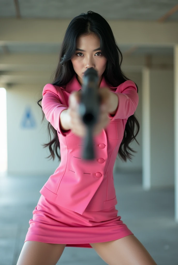real person realistic beautiful korean flight stewardess pink mini skirt standing stance legs open wide spreading full portrait holding rifle gun pointing at you front facing aiming at you shooting range sexy legs
