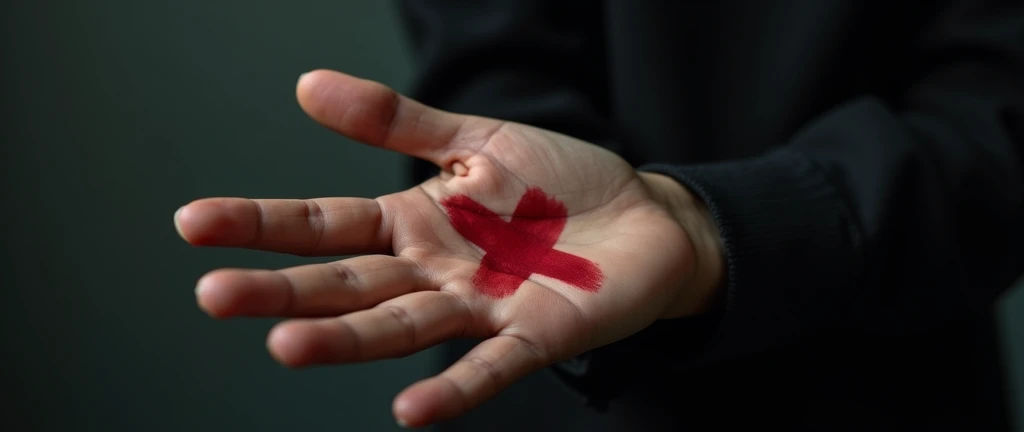 A close-up, photorealistic shot of a woman’s hand raised towards the camera, displaying a red "X" on her palm. The dark background enhances the stark contrast and emotional weight of the image, conveying a strong message against violence.
