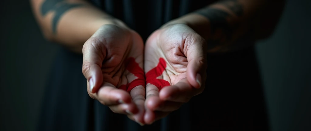 A close-up, photorealistic shot of a woman’s hand raised towards the camera, displaying a red "X" on her palm. The dark background enhances the stark contrast and emotional weight of the image, conveying a strong message against violence.
