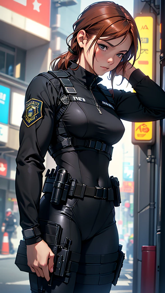 Beautiful girl realistic masterpieces full figure pose (best quality,ultra-detailed), auburn hair, fair skin, fit body, slim figure, narrow waist, (cocky expression), full coverage tactical black SWAT uniform with police insignia, bomb squad kevlar