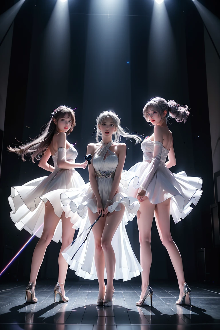 ((A trio of girls standing on the stage in the main hall))、(Rear view)、(look back),蛍光color、((3People Girls)),Look to the side、Beautiful Face、Beautiful Eyes、(Big Blue Eyes)、(Silver dull hair)、Shiny Hair、Glowing Skin、Reduce glare、Finger Proportion Adjustment、Escrow、Bat View、(Dancing()、Dynamic Angle、(Master Parts)、(Highest quality)、(Ultra detail)、(An Illustration)、(Detailed light)、(Very delicate and beautiful)、Dramatic Shadows、Ray Tracing、reflection、超高画質 High resolution、(Master Parts)、(Highest quality)、(Ultra HD)。 High resolution、((Colorful hair and mesh))、Her hair flutters in the wind、(大きな深い青colorの目)、Silver Hair、haired woman、Sparkling Butterfly、Sparkling Butterfly、黒haired woman、Points of light around the woman、Magical Aura、緑colorの点、The nature of the aura、Magical Aura黒haired woman、((Translucent white one-shoulder dress:1. 3)、(Sleeveless)、(The skirt flutters in the wind)、(Searchlight)((color々Laser beam))、(I can see her white panties)(Full Body Shot)、(Long legs)、(High heels)、holding a microphone in one hand、