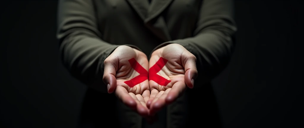 A dramatic, photorealistic photograph of a woman’s outstretched hand with a red "X" on her palm, facing the camera. The dark background and soft, directional lighting draw attention to the symbol, creating a powerful visual statement against violence.