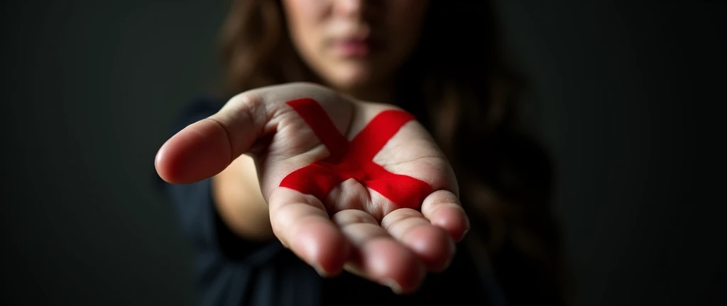 A dramatic, photorealistic photograph of a woman’s outstretched hand with a red "X" on her palm, facing the camera. The dark background and soft, directional lighting draw attention to the symbol, creating a powerful visual statement against violence.