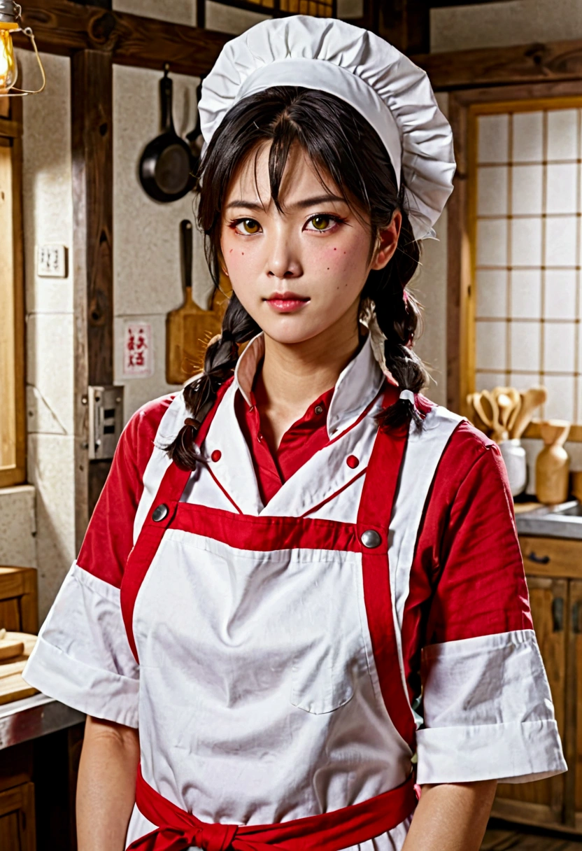 Hard-headed face、Hijikata、High nose、Are fat、Yellow skin、White apron、、Red Overalls