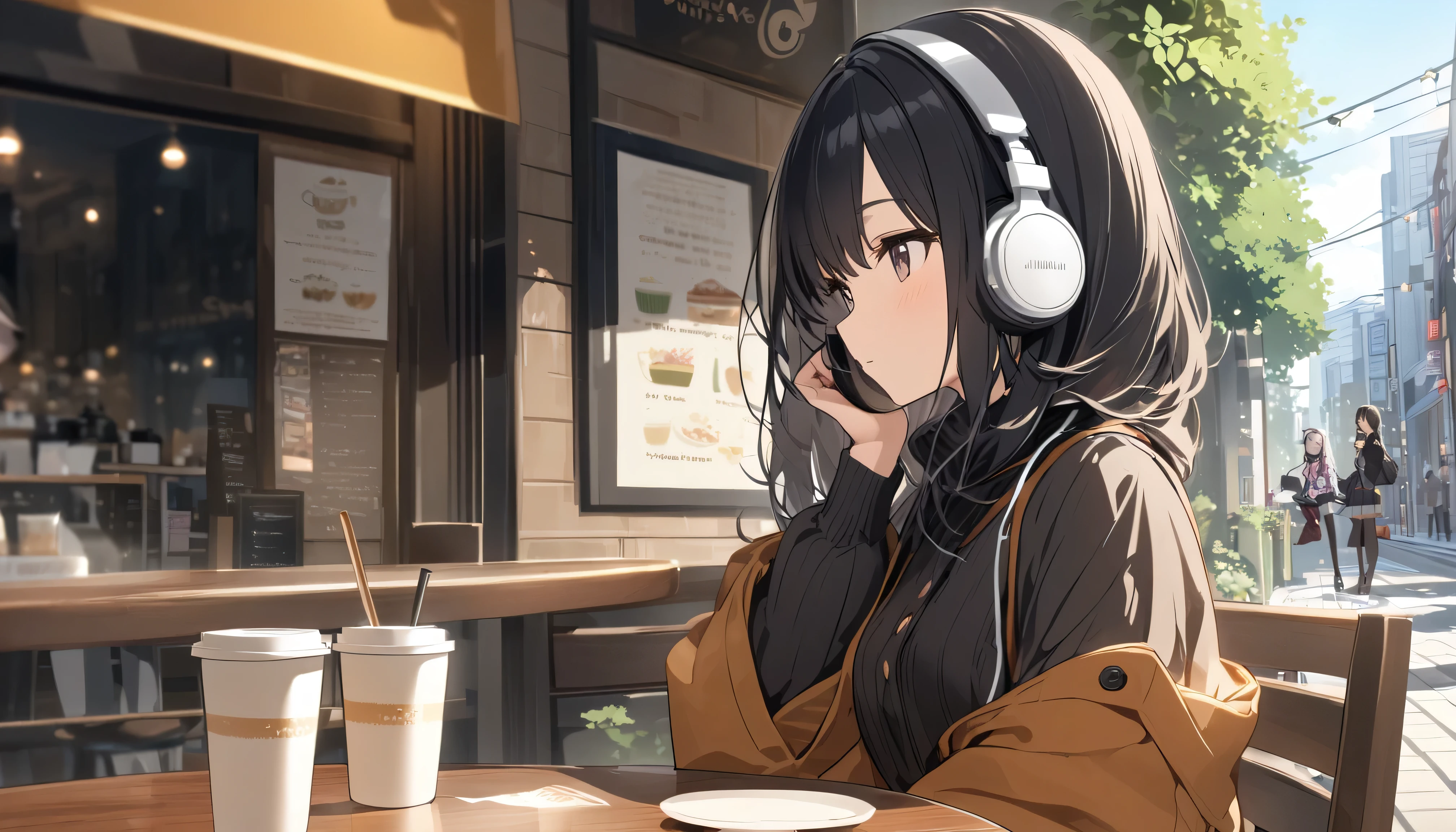 A woman with black hair and cute clothes sits calmly in a cafe in Tokyo waiting for someone,Streetscape、Listening to music with headphones、Japanese