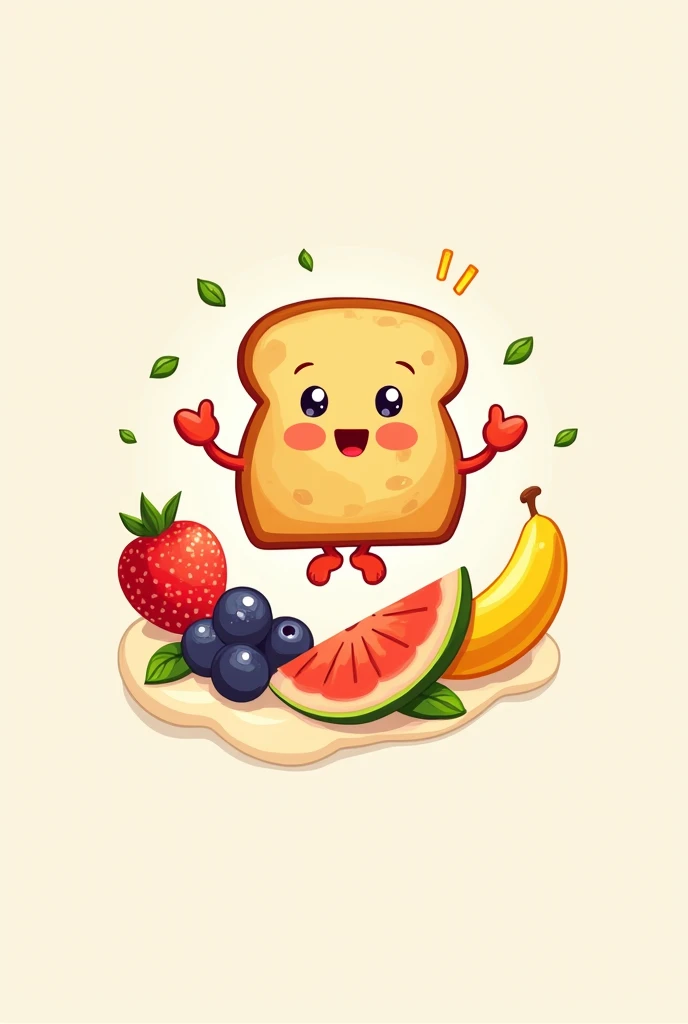 Make me a logo for a fruit sando or fruit sandwich food business. There is a picture of bread with fruit and cream in it and the bread resembles a human being with a face, legs and hands posing as if they are flying like Superman.