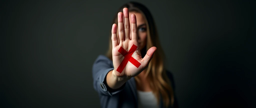 A high-definition, photorealistic image of a woman’s hand held up to the camera, marked with a red "X" on the palm. The image is set against a dark background, with dramatic lighting that highlights the hand and the woman’s determined stance against violence.