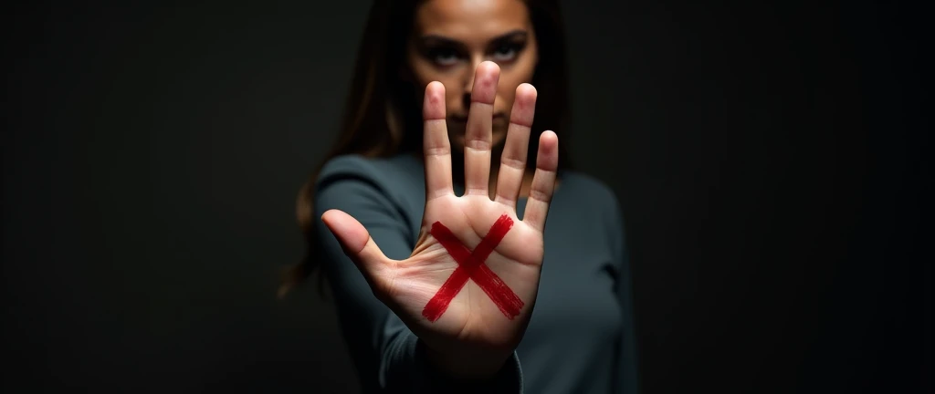 A high-definition, photorealistic image of a woman’s hand held up to the camera, marked with a red "X" on the palm. The image is set against a dark background, with dramatic lighting that highlights the hand and the woman’s determined stance against violence.