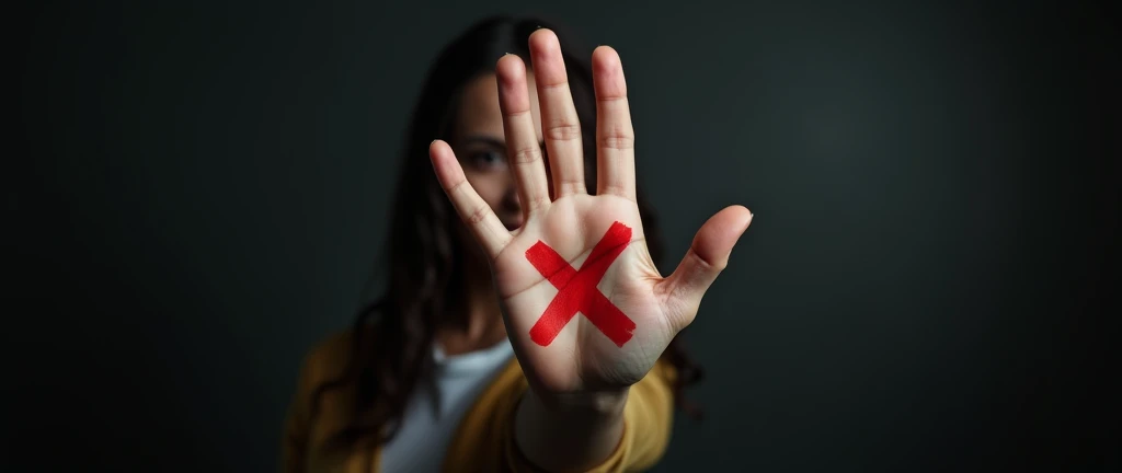 A high-definition, photorealistic image of a woman’s hand held up to the camera, marked with a red "X" on the palm. The image is set against a dark background, with dramatic lighting that highlights the hand and the woman’s determined stance against violence.