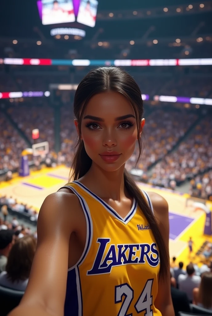 masterpiece,超A high resolution),Italian brunette Bellucci woman, (((Very beautiful 2 girl))), pretty gir、 ((beautiful low ponytail)), super cute face, glossy lips, double eyelids in both eyes, kiss、 natural makeup, long eyelashes, Shiny and smooth hair、center image, perfect limbs, perfect anatomy,(((basketball Lakers uniform)))、,(wet with sweat),full body, she takes selfie, in reel stadium of lakers basketball in back, she are in tribune