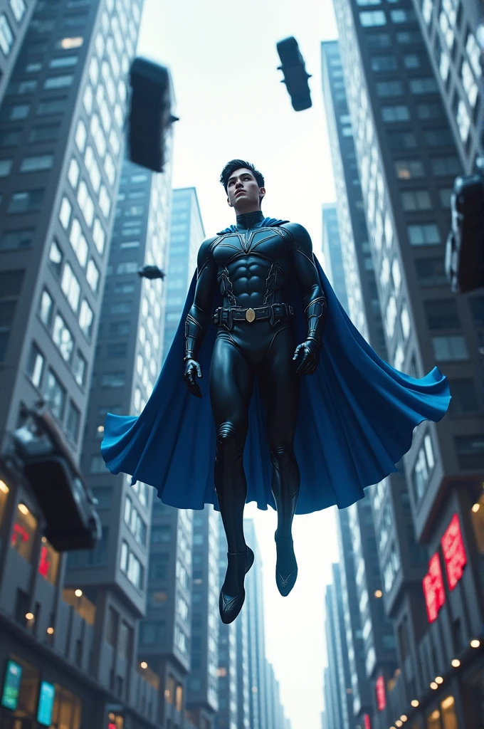 I want you to create a male character with metal control powers. He is a 2 white male not so muscular who has short black hair with black eyes. His superhero costume is black with blue details with a large black cape.. Levitating between buildings he uses his powers to lift several cars
