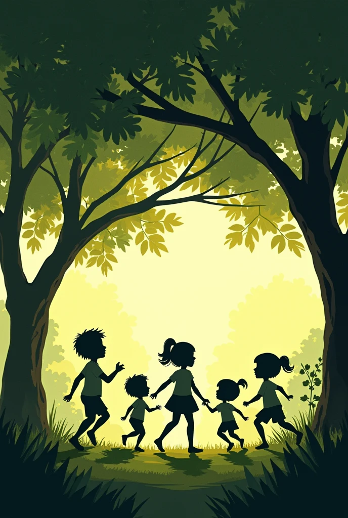 Silhouette of 4-5 children playing under the tree