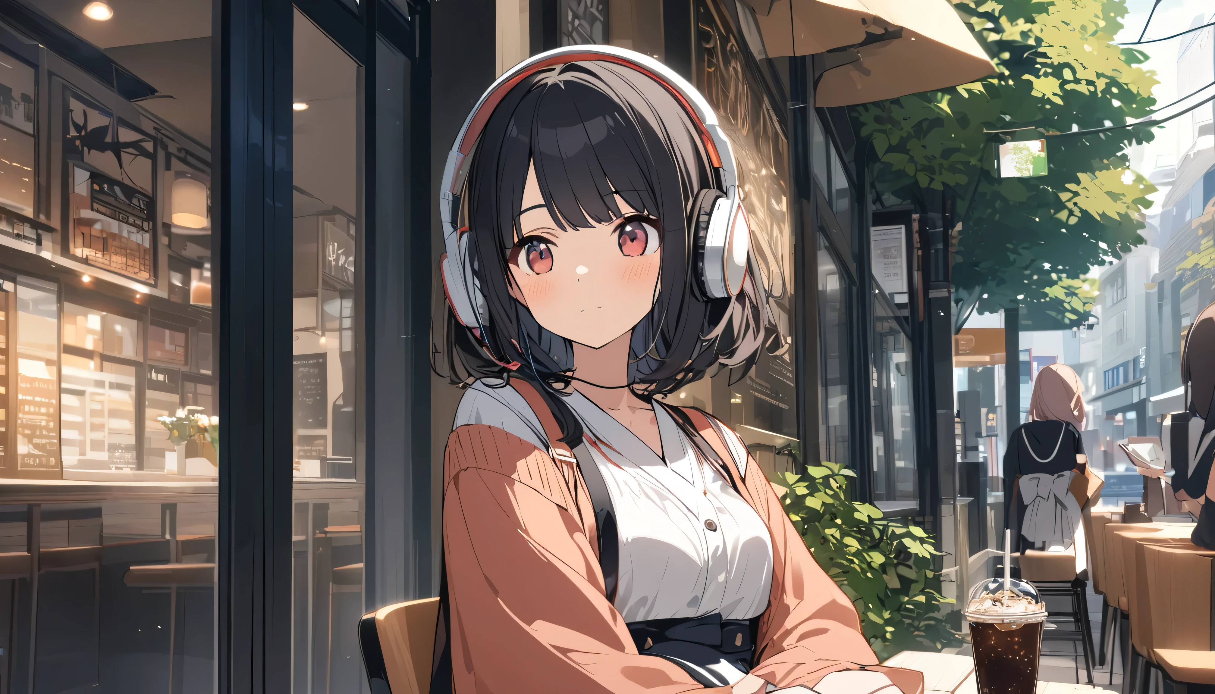 A woman with black hair and cute clothes sits calmly in a cafe in Tokyo waiting for someone,Streetscape、Listening to music with headphones、Japanese
