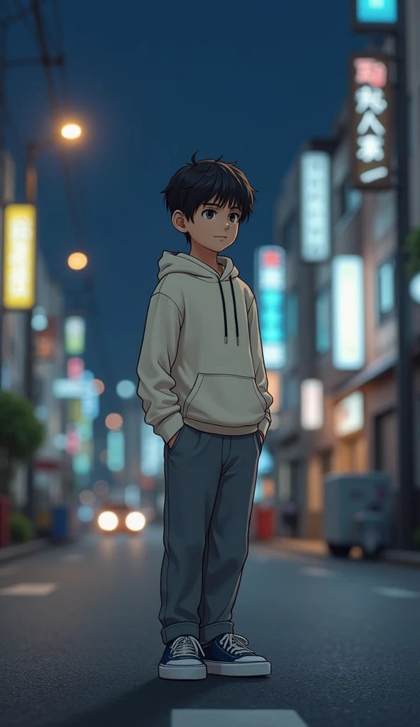 A boy in a quiet japan street,night,wearing cream coloured slim fit hoodie, grey chinos and navy plimsols, white shoes,full body, looking at viewer