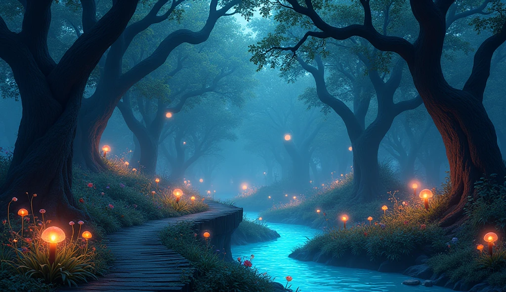 Design an image of a magical forest at twilight. The forest should be dense with tall, ancient trees whose leaves glow with bioluminescence. A winding path should lead through the forest, illuminated by floating orbs of light. Include a small, crystal-clear stream running alongside the path, with delicate flowers and mushrooms glowing softly in the dim light."