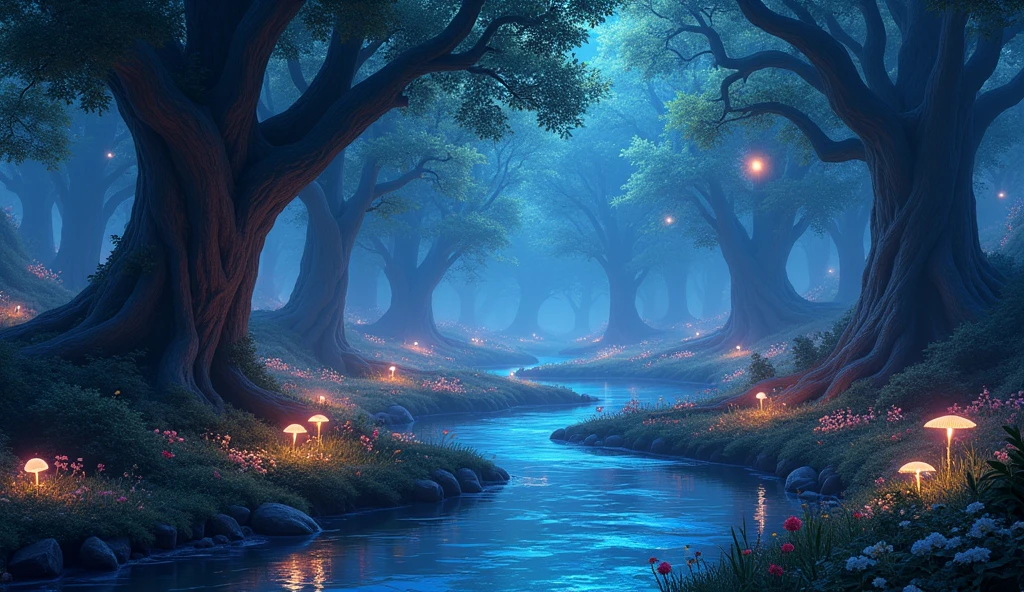 Design an image of a magical forest at twilight. The forest should be dense with tall, ancient trees whose leaves glow with bioluminescence. A winding path should lead through the forest, illuminated by floating orbs of light. Include a small, crystal-clear stream running alongside the path, with delicate flowers and mushrooms glowing softly in the dim light."