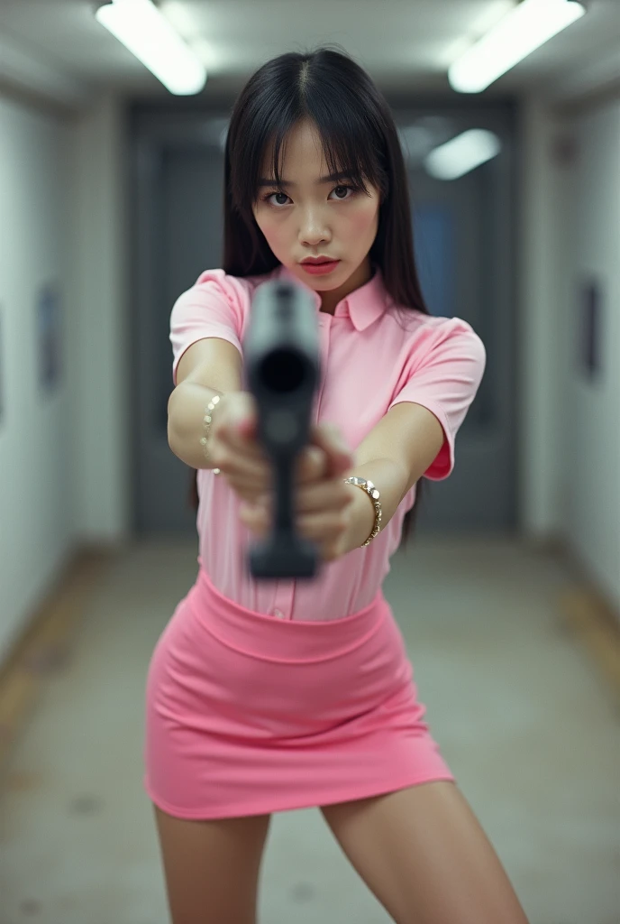 real person realistic beautiful korean flight stewardess pink mini skirt standing stance legs open wide spreading full portrait holding rifle gun pointing at you front facing aiming at you shooting range sexy legs

