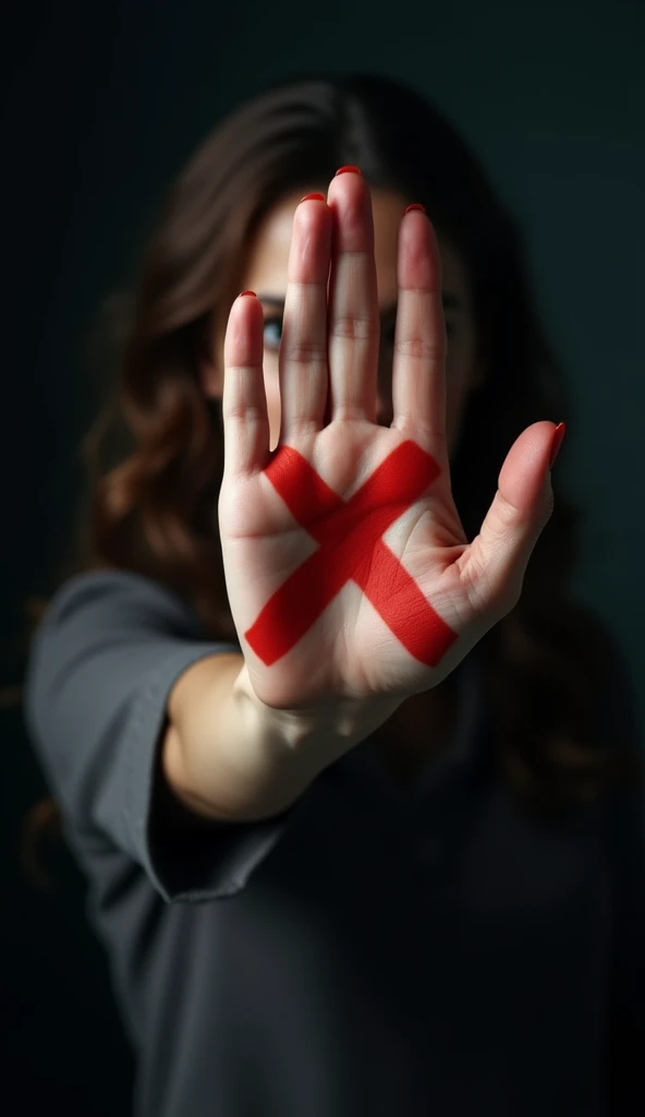 A high-definition, photorealistic image of a woman’s hand held up to the camera, marked with a red "X" on the palm. The image is set against a dark background, with dramatic lighting that highlights the hand and the woman’s determined stance against violence.
