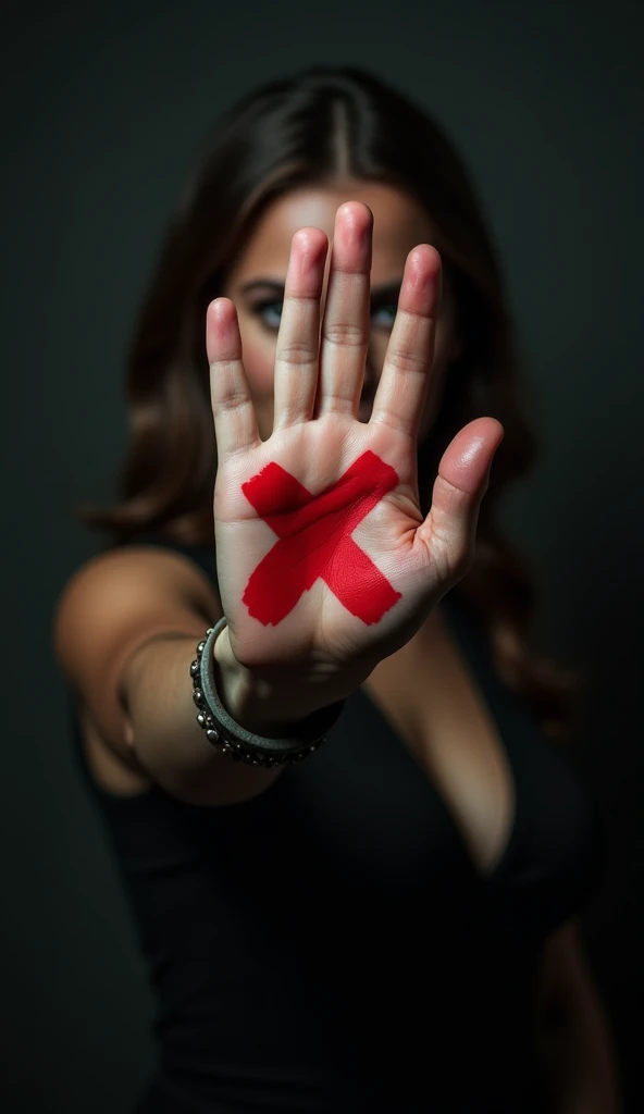 A high-definition, photorealistic image of a woman’s hand held up to the camera, marked with a red "X" on the palm. The image is set against a dark background, with dramatic lighting that highlights the hand and the woman’s determined stance against violence.