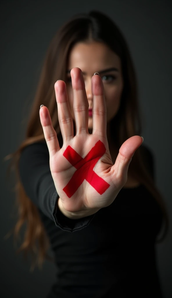 A high-definition, photorealistic image of a woman’s hand held up to the camera, marked with a red "X" on the palm. The image is set against a dark background, with dramatic lighting that highlights the hand and the woman’s determined stance against violence.
