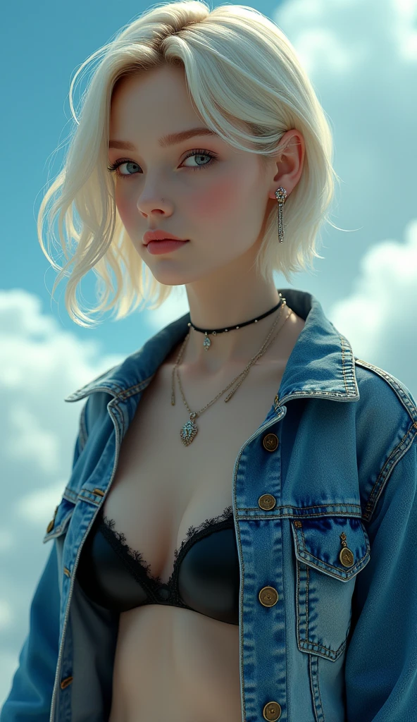 One girl, alone, Android 18, Blonde, blue eyes, short hair, jewelry, Earrings, smile, Jacket, Look to the side, denim, denim Jacket, Upper Body, lingerie, Mouth closed, cloud, null, Day, avert your eyes, blue null, 1 collarb,