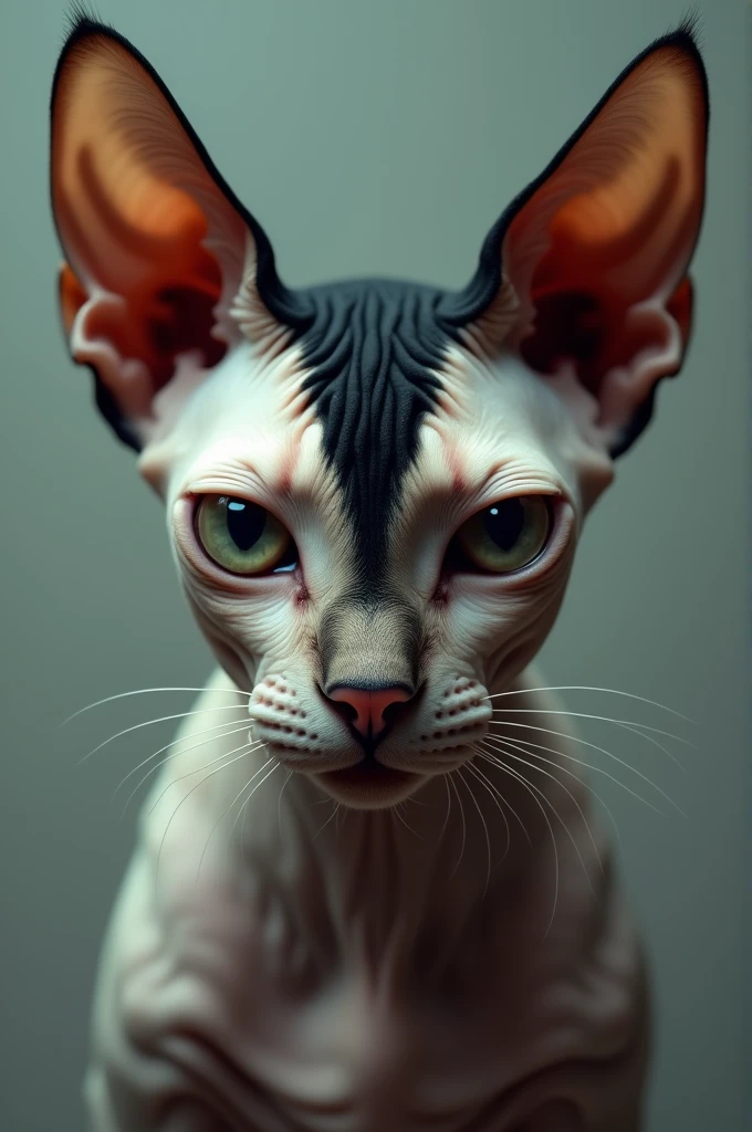 A sphynx cat with a black spot on its head starting from the top of its head to its ears