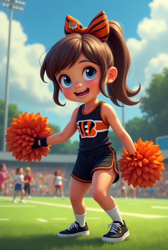 Bengals cheerleader tween
Chunky
Brown hair, medium length in ponytail, bangs,
blue eyes
football field
Black & orange one piece outfit with Bengals logo black shoes no socks
hair bow
With tiger
Smiling