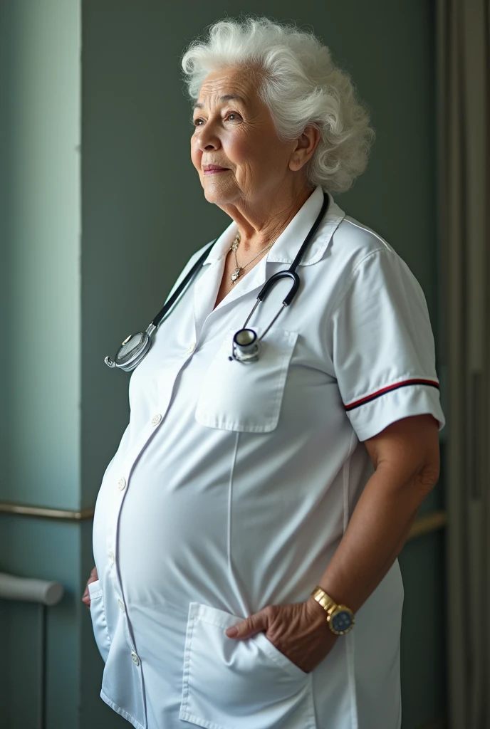2 70 year old grandmothers,Seducing young naked boys,masterpiece、Ultra-high resolution,Asian,white hair,long hair,curls,huge huge breasts,(((Wearing short-sleeved white nurse uniform, Unbutton half of the buttons))),((( whole body姿勢))),huge breast silhouette,Tight,obesity,Clothes buttons exploded,Black lace,stand erect,whole body