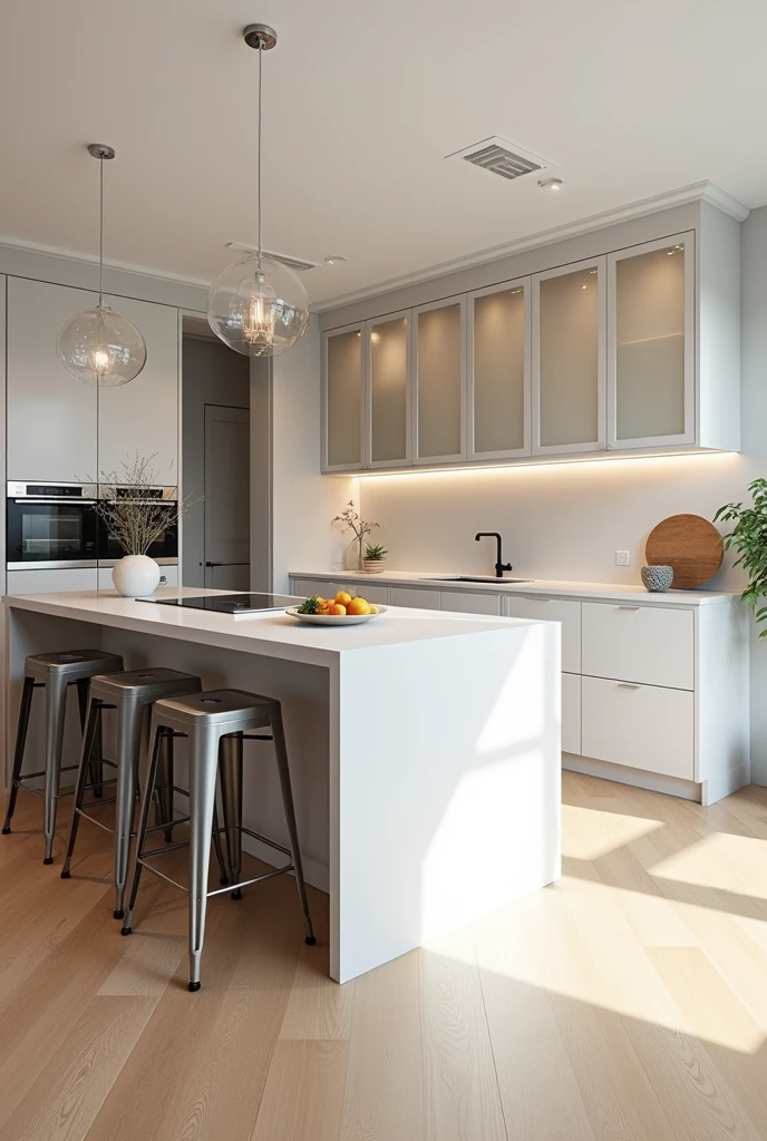 Modern design of a spacious and bright kitchen, with custom furniture in shades of white and light gray. Upper cabinets with frosted glass doors, white marble countertops with gray details, and a large central counter with tall metal chairs. The floor is light wood, creating a soft contrast with the furniture. The kitchen is equipped with built-in stainless steel appliances, and there are decorative details, like pots with plants and fruit bowls. The lighting is soft, with pendant lights over the central counter and recessed lights in the upper cabinets."
This prompt could generate an image that captures the aesthetics of a modern, sleek kitchen..