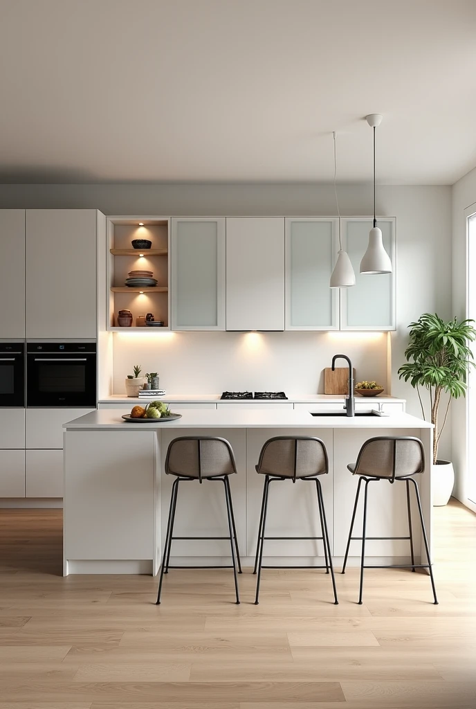 Modern design of a spacious and bright kitchen, with custom furniture in shades of white and light gray. Upper cabinets with frosted glass doors, white marble countertops with gray details, and a large central counter with tall metal chairs. The floor is light wood, creating a soft contrast with the furniture. The kitchen is equipped with built-in stainless steel appliances, and there are decorative details, like pots with plants and fruit bowls. The lighting is soft, with pendant lights over the central counter and recessed lights in the upper cabinets."

This prompt could generate an image that captures the aesthetics of a modern, sleek kitchen..