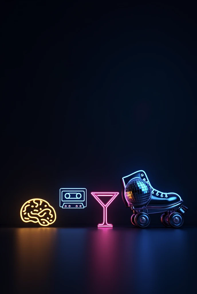 Create a very dark background with a few large, minimalist neon icons around the edges, including a brain, a cassette tape, a roller skate, a cocktail glass, and a disco ball. The icons should be in neon colors like yellow, blue, and pink. The overall look should be clean and focused, with no additional elements or textures