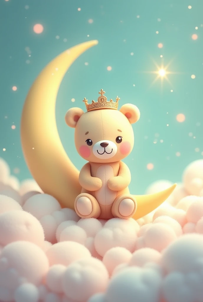 What a lovely idea for an invitation!! I recommend that you visualize a sweet and adorable beige bear sitting on a half moon., with a beautiful crown adorned with animated details. The moon can have a soft glow that highlights its sweetness and, Around her, Turquoise to pink fluffy clouds that add a magical touch. In 9 format:16
