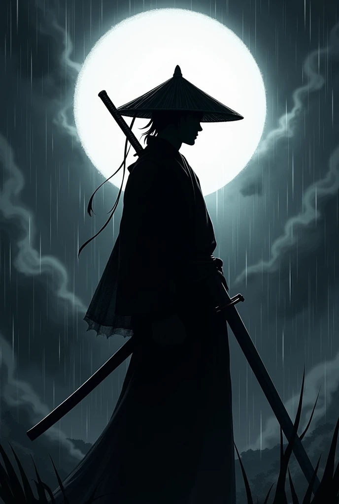 Demon Slayer 1 Yoriichi Tsugikuni。silhouette,There is a black moon in the background、Show me the sword、He is wearing a straw hat,color is red.、The moon is in the center of the body、No Face。rain,thunder⚡,