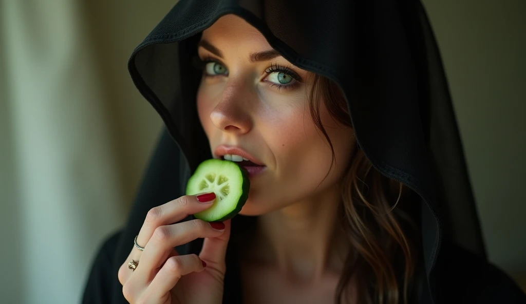 A very sweet and very beautiful veiled woman with big breasts and very sexy is putting a serrated cucumber in her mouth., he is very aroused and sweaty wet