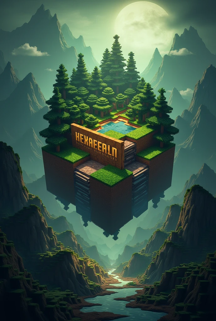 "Create a profile picture for a Minecraft server called 'HexaRealm'. The design should emphasize the theme of intense survival gameplay and teamwork between friends in a hardcore Minecraft survival setting.. Use a color palette that evokes an adventurous and immersive environment, including shades of dark green, brown and gray. The icon should feature a stylized cube or hexahedron with textures that resemble Minecraft blocks., integrated into a background that suggests an expansive and challenging world, with elements such as mountains, caves and natural resources. Incorporate Minecraft survival tools and scenarios to reflect the community aspect. The text 'HexaRealm' should be highlighted, with a font that resembles the style of Minecraft, and include the terms 'Hexa-players' or 'Survival Hardcore' in a banner or banner style for personalization."