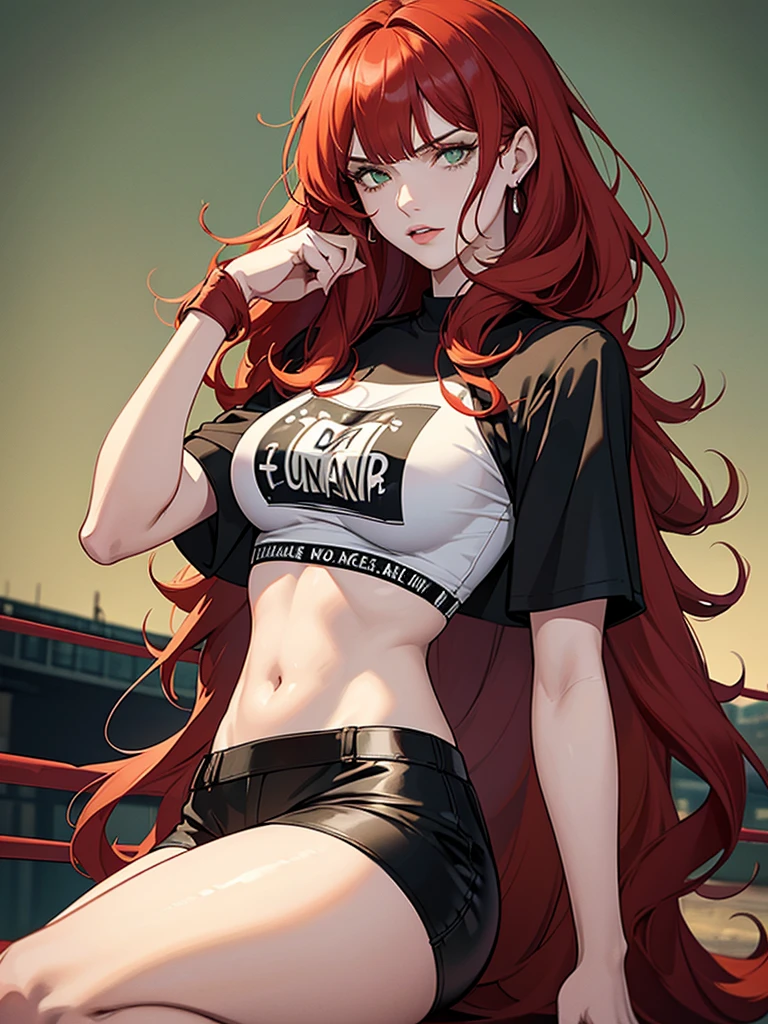 green eyes, red hair with long bangs. sadistic women, wavy long hair. strong woman. she quiet. dominant woman. mafia. mature woman. girl boss. with bangs so long wavy red hair. boxing. wear pans and t shirt. background in town