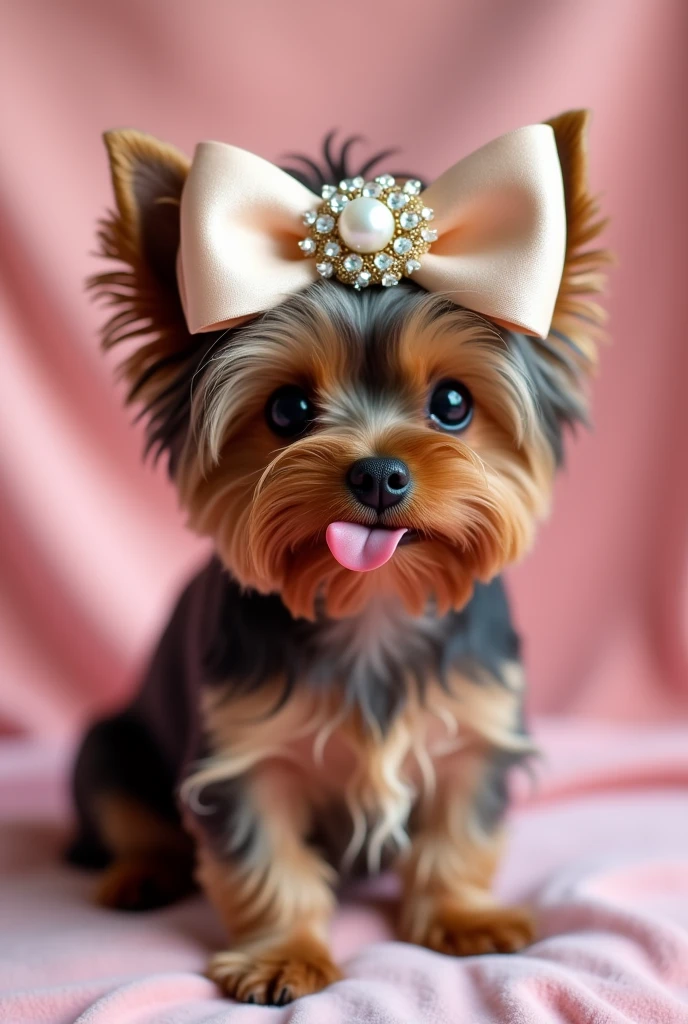 Small dark brown female Yorkshire dog with tongue out and large Bow model with tips on the sides on the light pink velvet topknot with pearl and rhinestone application in the middle of the bow 