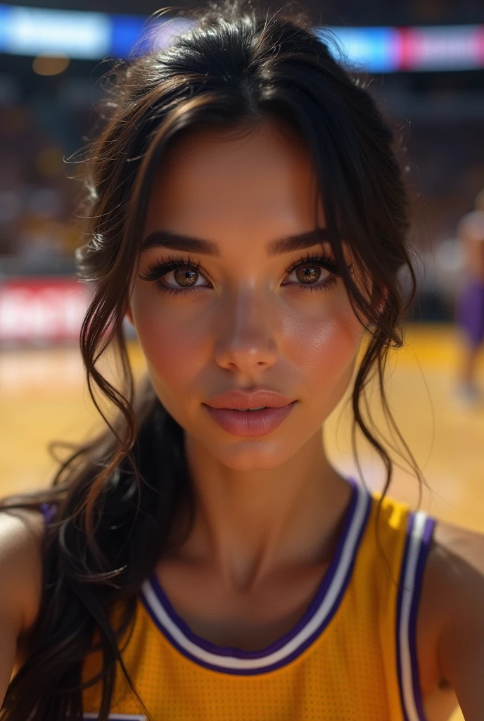 ,Italian brunette Bellucci woman, (((Very beautiful 2 girl))), pretty gir､ ((beautiful low ponytail)), super cute face, glossy lips, double eyelids in both eyes, kiss、 natural makeup, long eyelashes, Shiny and smooth hair､center image, perfect limbs, perfect anatomy,(((basketball Lakers uniform)))、,(wet with sweat),full body, she takes selfie, in reel stadium of lakers basketball in back, she are in tribune