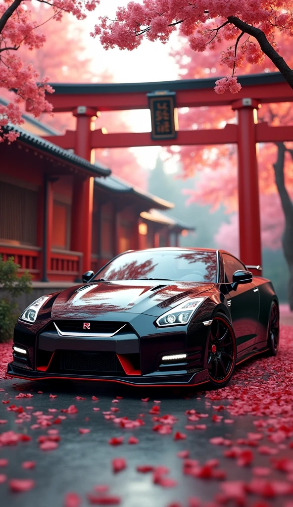 A masterfully crafted 8k art photography of a sleek, modified Nissan GTR NISMO in JDM color, showcasing black and red metallic tones. The car is meticulously placed amidst a serene Japanese temple, surrounded by vibrant red cherry blossom sakura petals that float through the air. The composition is a seamless blend of photorealistic concept art and cinematic lighting, reminiscent of the masterful techniques employed by Raphael, Caravaggio, and Greg Rutkowski. The render showcases natural volumetric lighting, with soft, perfect shadows that evoke a chiaroscuro effect. The image pays homage to the works of artists such as Beeple, Beksinski, and H.R. Giger and is sure to captivate and inspire viewers with its breathtaking beauty and attention to, 3d render, cinematic, photo