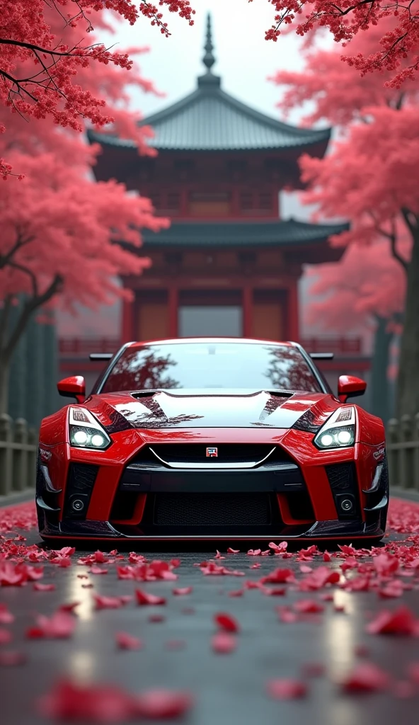 A masterfully crafted 8k art photography of a sleek, modified Nissan GTR NISMO in JDM color, showcasing black and red metallic tones. The car is meticulously placed amidst a serene Japanese temple, surrounded by vibrant red cherry blossom sakura petals that float through the air. The composition is a seamless blend of photorealistic concept art and cinematic lighting, reminiscent of the masterful techniques employed by Raphael, Caravaggio, and Greg Rutkowski. The render showcases natural volumetric lighting, with soft, perfect shadows that evoke a chiaroscuro effect. The image pays homage to the works of artists such as Beeple, Beksinski, and H.R. Giger and is sure to captivate and inspire viewers with its breathtaking beauty and attention to, 3d render, cinematic, photo